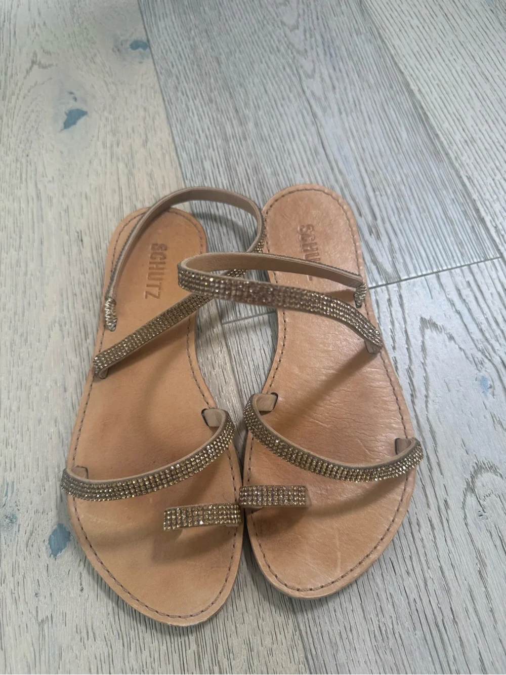 Schutz Mariah Women’s Metallic-Strap Tan Leather Sandals